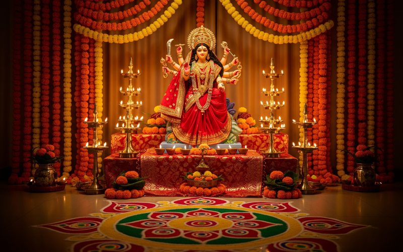 Beautiful Durga idol decorated with flowers and oil lamps during Navratri celebration. 