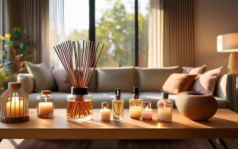 Cozy room with incense sticks, reed diffusers, and candles on a table creating a refreshing atmosphere.