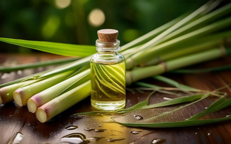An image of fresh lemongrass stalks with a small glass bottle of lemongrass essential oil.
