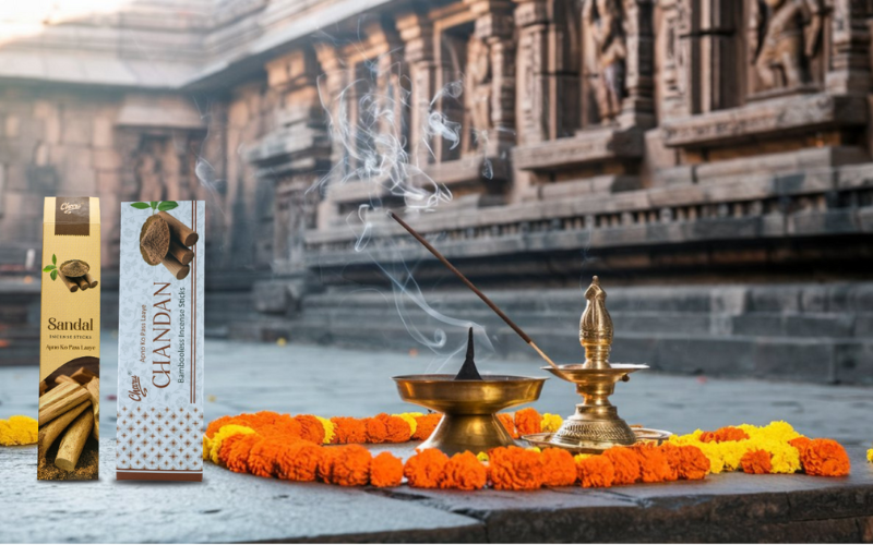 A serene temple courtyard with intricate deity carvings, Chandan incense, marigold flowers, and a sacred lamp