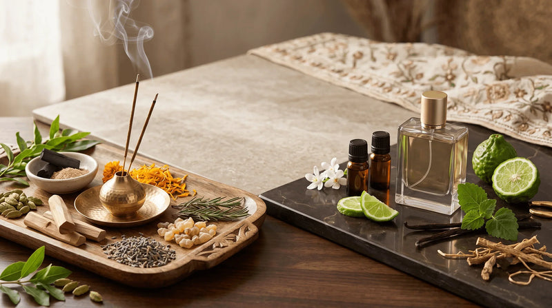 Natural fragrance ingredients, incense, essential oils, and perfume bottle illustrating fragrance and perfume differences.