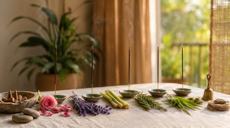 Five burning incense sticks in ceramic holders with fresh rose, lavender, lemongrass, and rosemary for summer 2026.