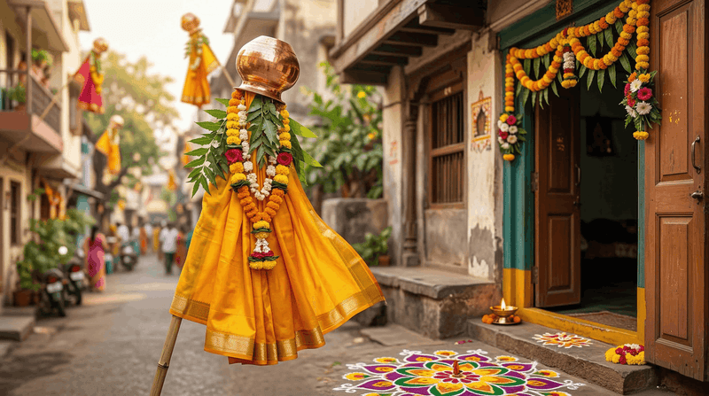 Traditional Gudi flag with yellow silk and copper kalash outside a decorated home for Padwa 2026 rituals.