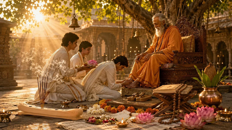 Disciples seeking blessings from a spiritual guru during a traditional Guru Poornima celebration with incense sticks, diyas, flowers and sacred offerings.