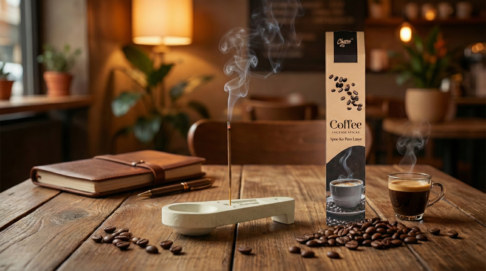 Coffee incense stick burning beside Charu Coffee Incense Sticks box, coffee cup, and beans on wooden table.