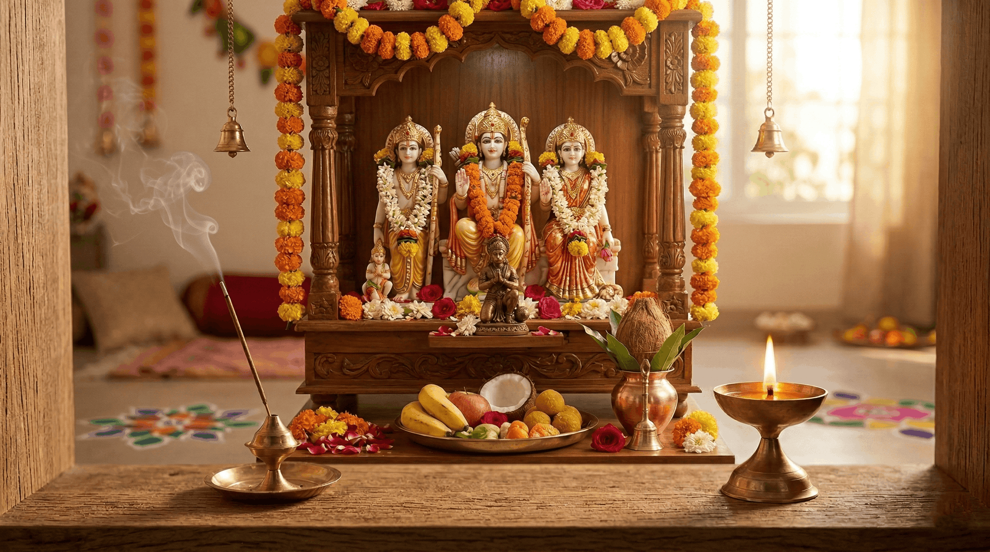 Ram Navami home temple with Lord Ram, Sita, and Lakshman idols, marigold garlands, diya lamp, and burning incense.