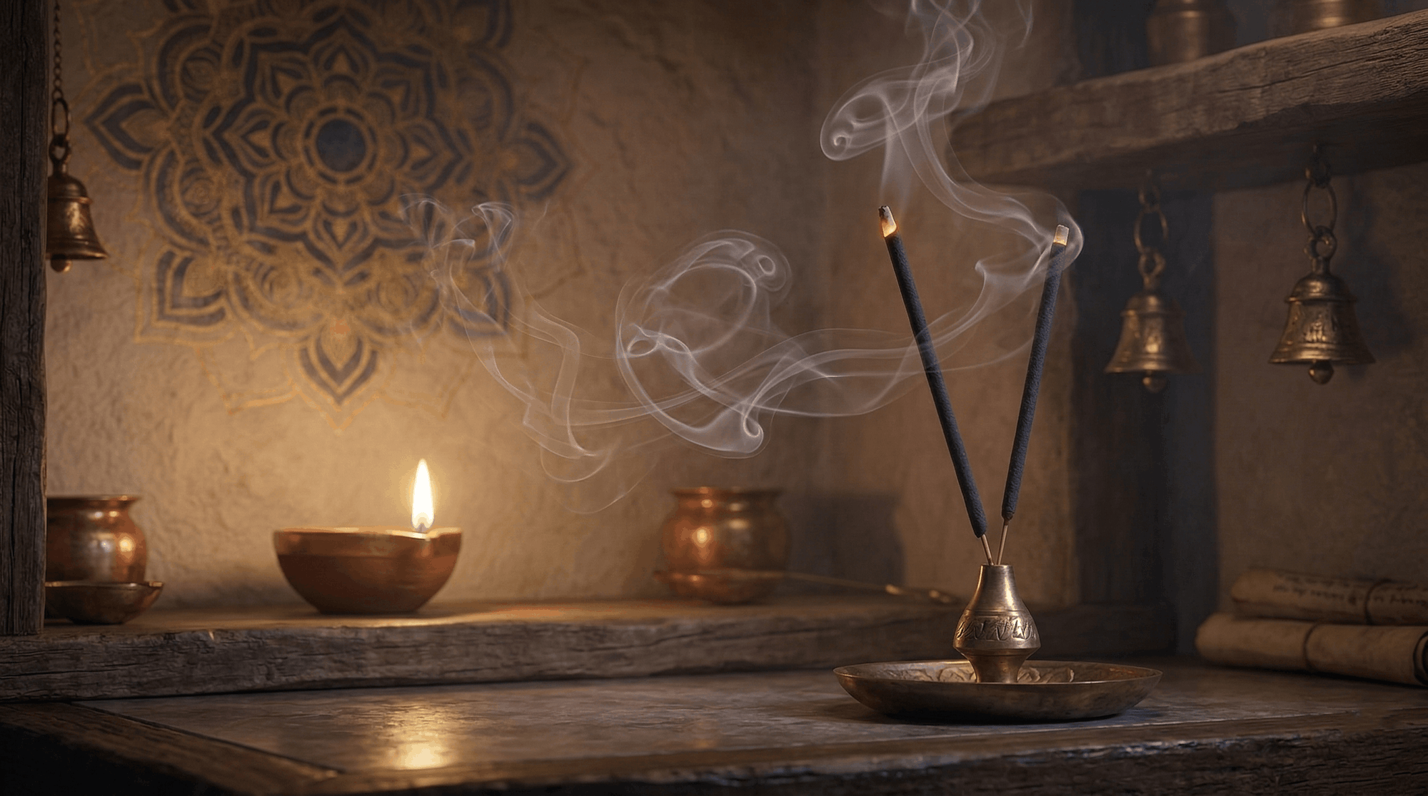 Two Rahu incense sticks burning in engraved brass holder with lit diya, temple bells and mandala wall art in traditional Hindu puja room.