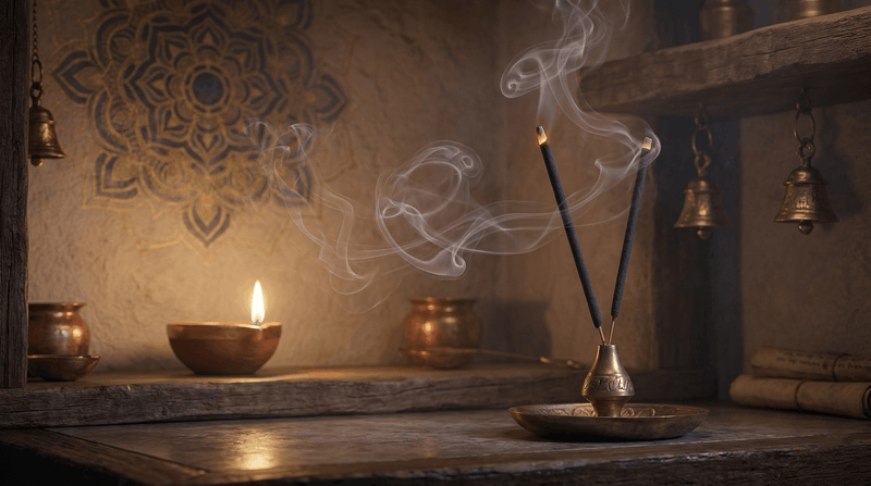 Two Rahu incense sticks burning in engraved brass holder with lit diya, temple bells and mandala wall art in traditional Hindu puja room.