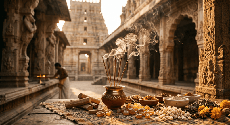 incense sticks burning in traditional Indian temple with natural herbs and resins for spiritual rituals and aromatic ambiance