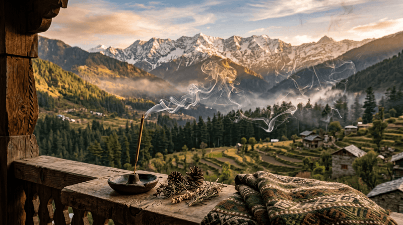 burning incense stick on wooden balcony overlooking Himachal Pradesh mountains with scenic valley, pine forests and peaceful sunrise view