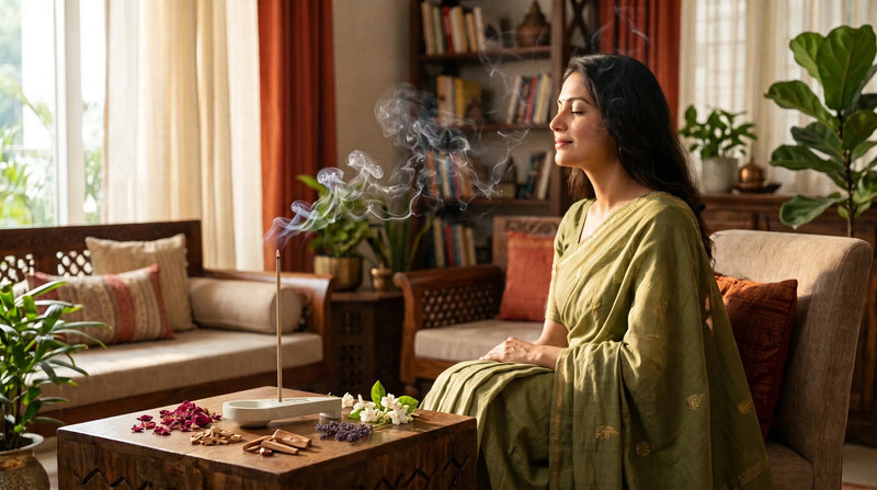 Woman smelling burning agarbatti at home with sandalwood, flowers and aromatic ingredients, illustrating how humans detect incense fragrance.