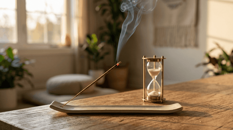 Burning incense stick on ceramic holder beside brass hourglass on wooden table illustrating incense stick burn time in sunlit room