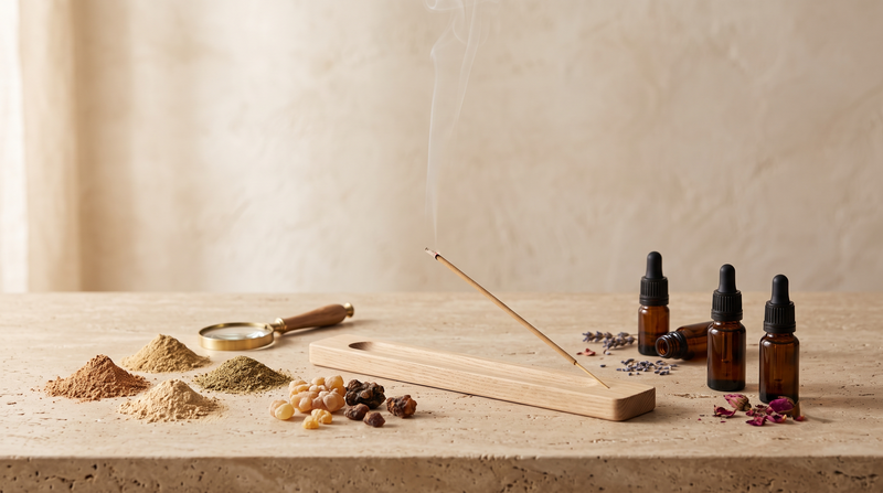 Smokeless bamboo-less incense stick burning with minimal smoke alongside natural herbs, aromatic powders, resins, and essential oils demonstrating how clean-burning incense creates long-lasting fragrance for meditation and indoor spaces.