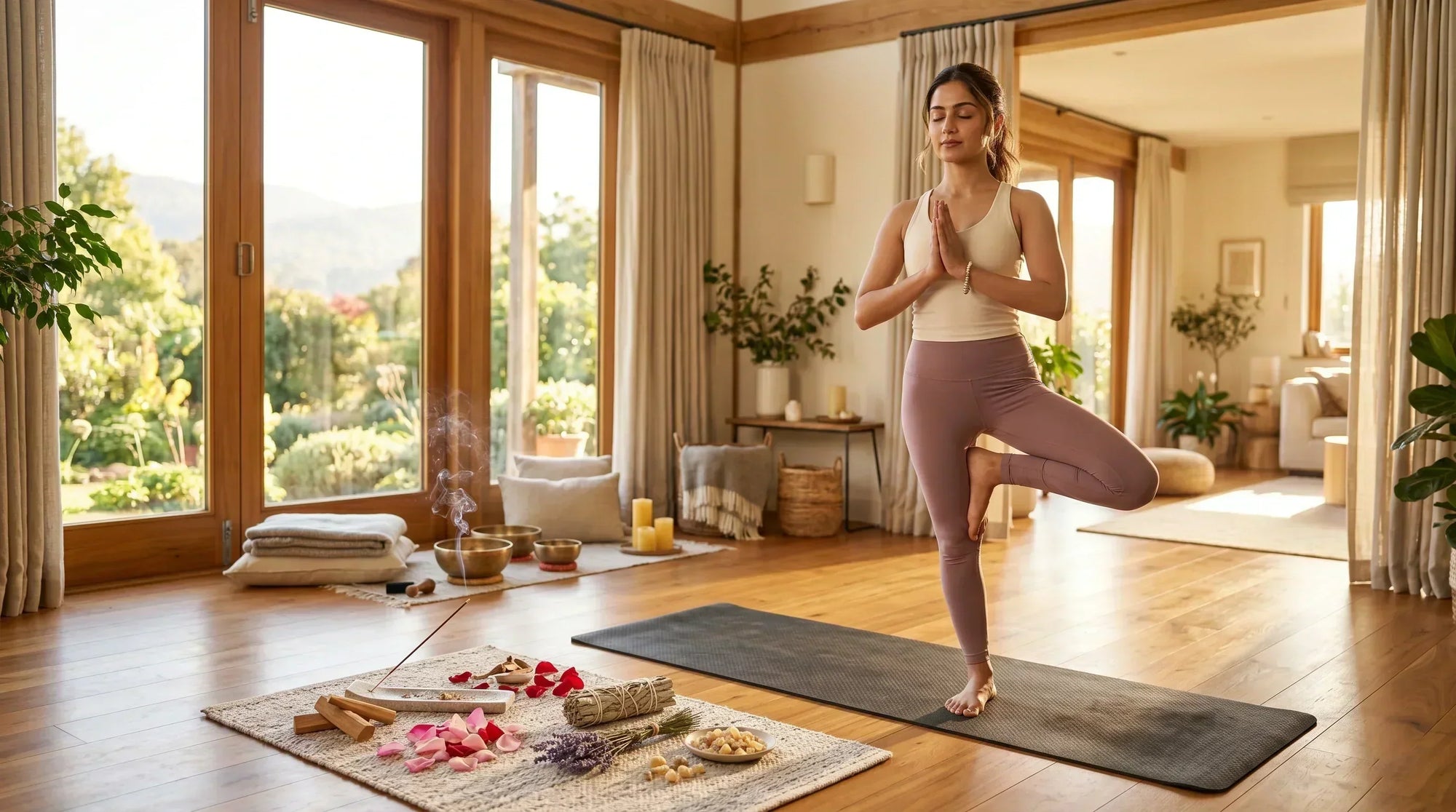 Woman practicing tree pose indoors during a mindful International Yoga Day celebration.