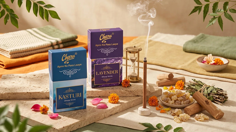 Charu dhoop sticks with Kasturi and Lavender fragrances, natural ingredients, and incense holder.