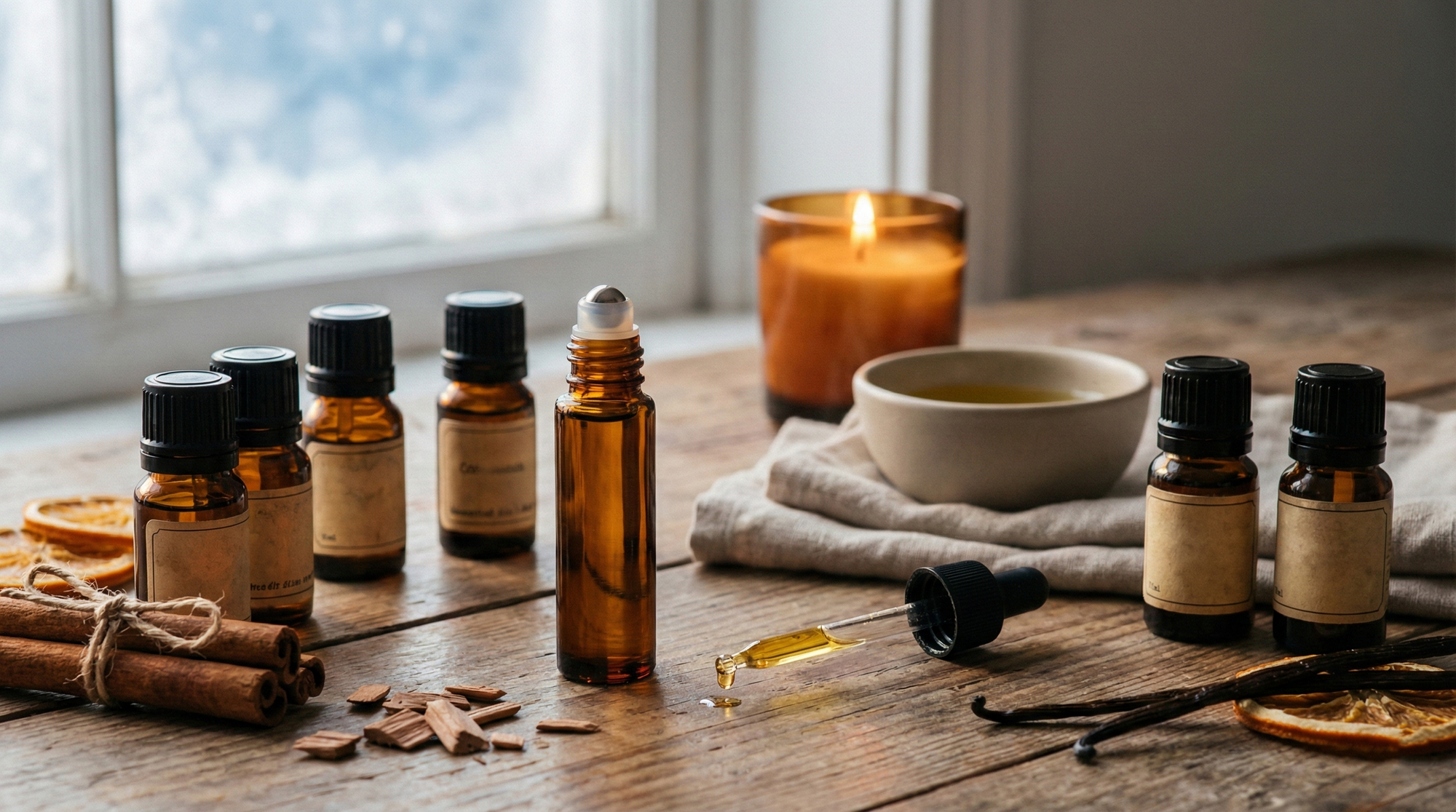 DIY winter fragrance oil setup with amber bottles, dropper, candle, cinnamon sticks, and vanilla on a wooden table.