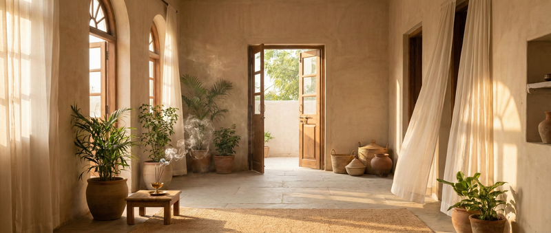Living room with natural light and incense symbolizing a Vastu-cleansed, positive home environment.