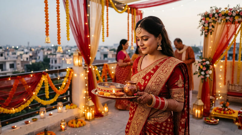 Karva Chauth puja at home with a woman in a red embroidered saree holding a decorated puja thali with a diya, kalash, and traditional fasting ritual items on a festive rooftop.