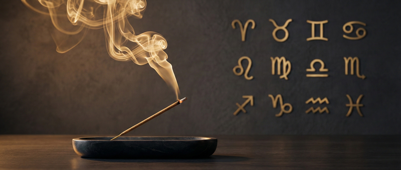 Burning incense stick with zodiac symbols representing incense based on zodiac signs.