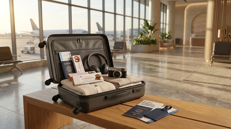 Open carry-on suitcase at an airport featuring Charu Perfumery House Chandan and Kasturi bamboo-less incense sticks with passport, headphones, and travel accessories for hassle-free domestic and international flights.