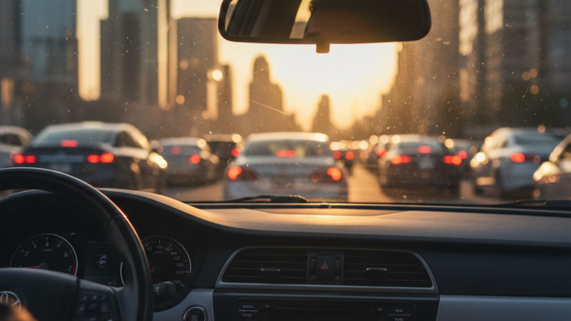 View from car dashboard in city traffic during sunset commute.