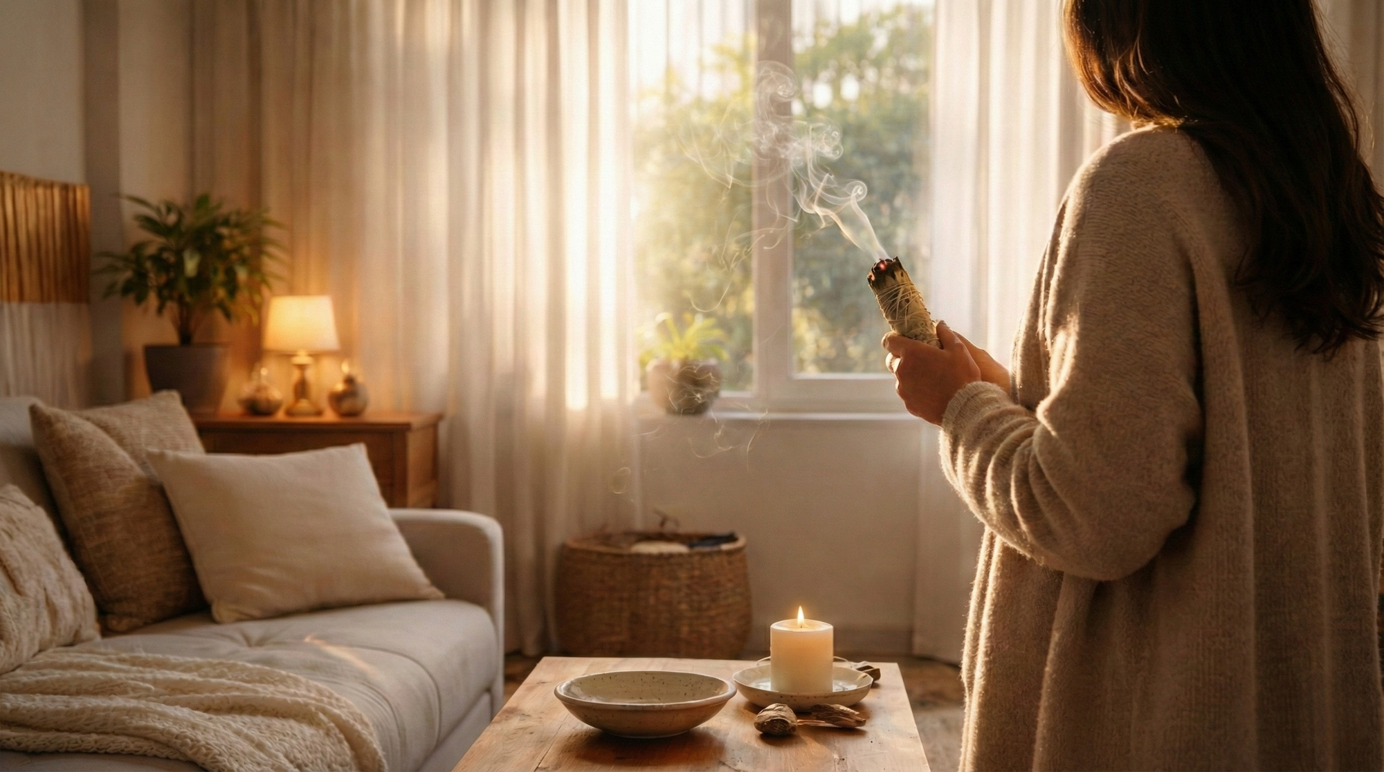 Smudging ritual with burning sage bundle in a warm living room for cleansing and positive energy.