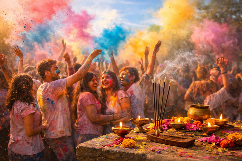 Crowd throwing colorful gulal during Holi celebration with incense sticks, lit diyas and marigold offerings in foreground