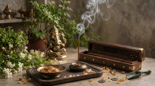 burning loban dhoop stick with incense smoke in traditional spiritual home setup