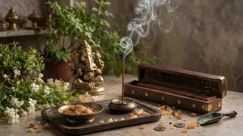 burning loban dhoop stick with incense smoke in traditional spiritual home setup