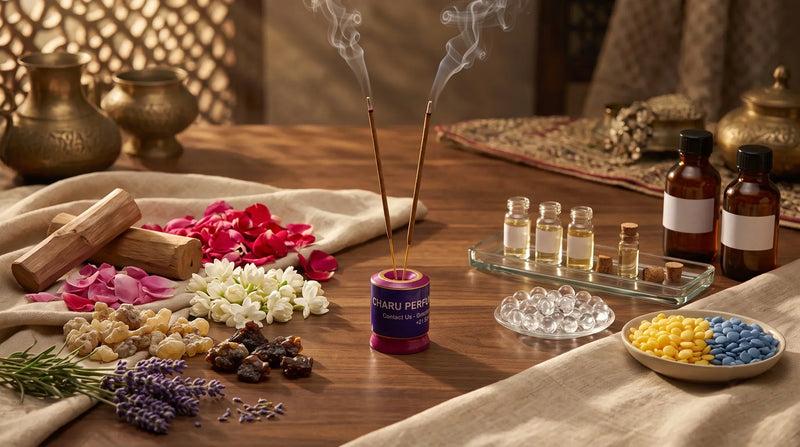 Side-by-side comparison of natural incense ingredients like flowers, lavender, sandalwood, and resins versus synthetic fragrance oils and artificial ingredients for incense selection.