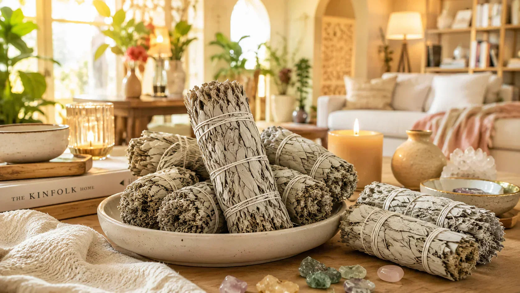 White sage smudge bundles displayed in a peaceful home setting with candles, healing crystals, and natural décor for energy cleansing, meditation, and spiritual wellness.