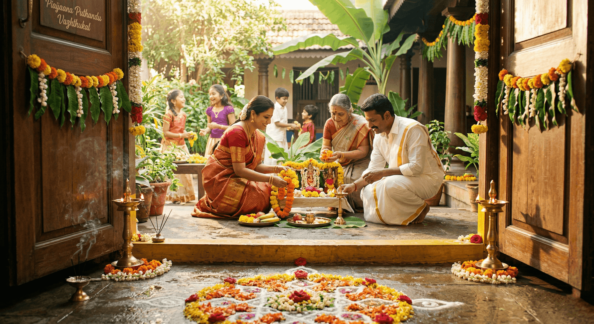 Traditional Puthandu Kani setup with a lit brass diya, mangoes, bananas, and incense for Tamil New Year 2026.