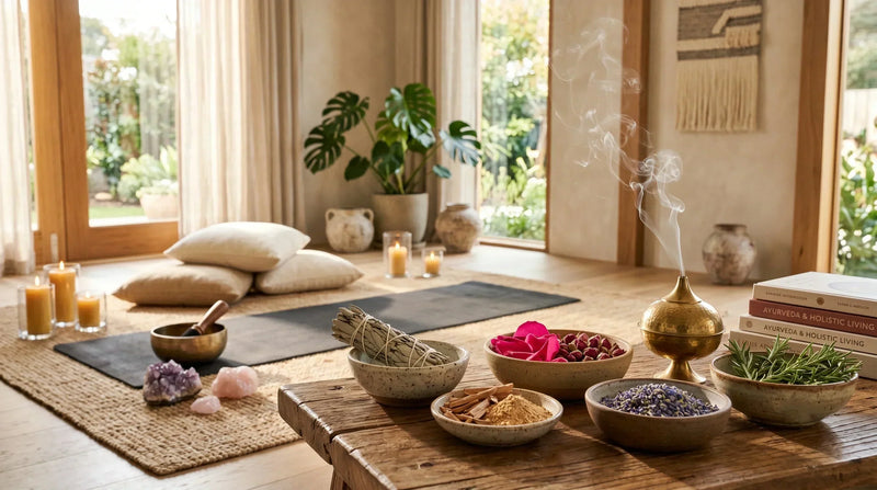 Ayurvedic meditation space with herbal incense, sage bundle, lavender, rose petals, sandalwood, rosemary, crystals, and aromatic smoke for mindfulness, yoga, and holistic wellness.