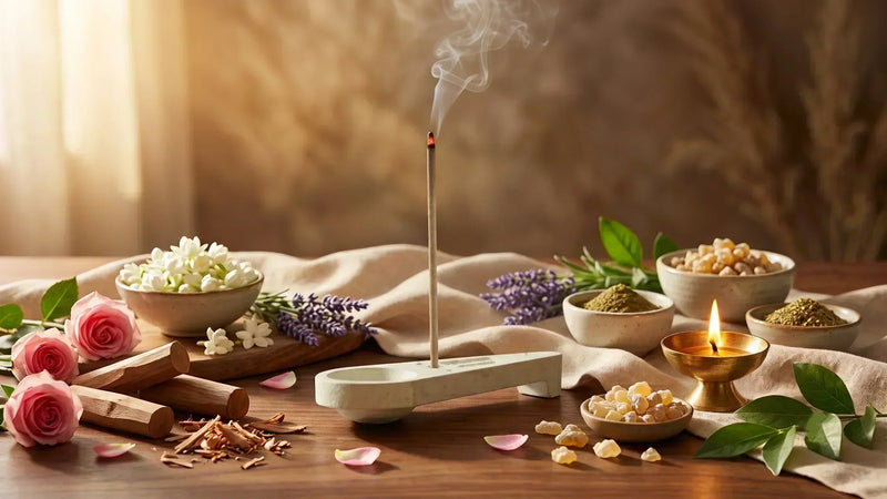 Charu incense stick burning with rose, jasmine, lavender, herbs and natural fragrance ingredients.
