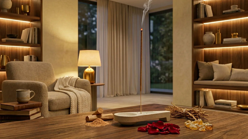 Burning incense stick in a cozy modern living room with sandalwood, rose petals, khus roots and loban resin, showcasing relaxing incense fragrances for a calm and peaceful home atmosphere.