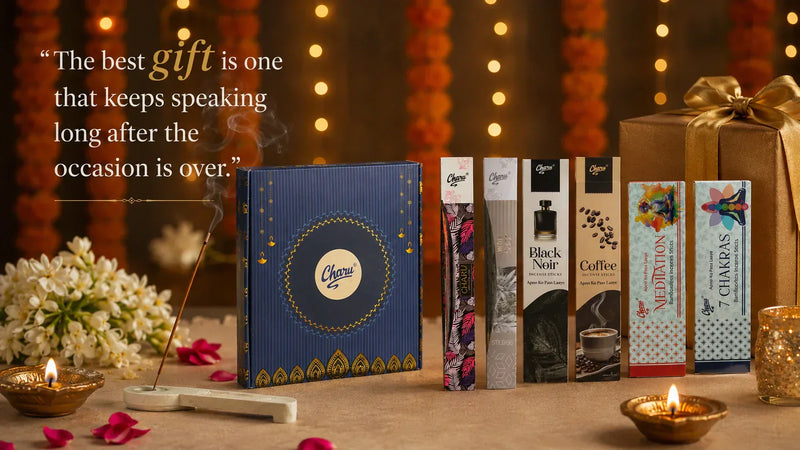 luxury incense stick gift collection with meditation, 7 chakras, coffee and premium fragrance incense boxes in elegant festive decor with diyas and aromatic smoke