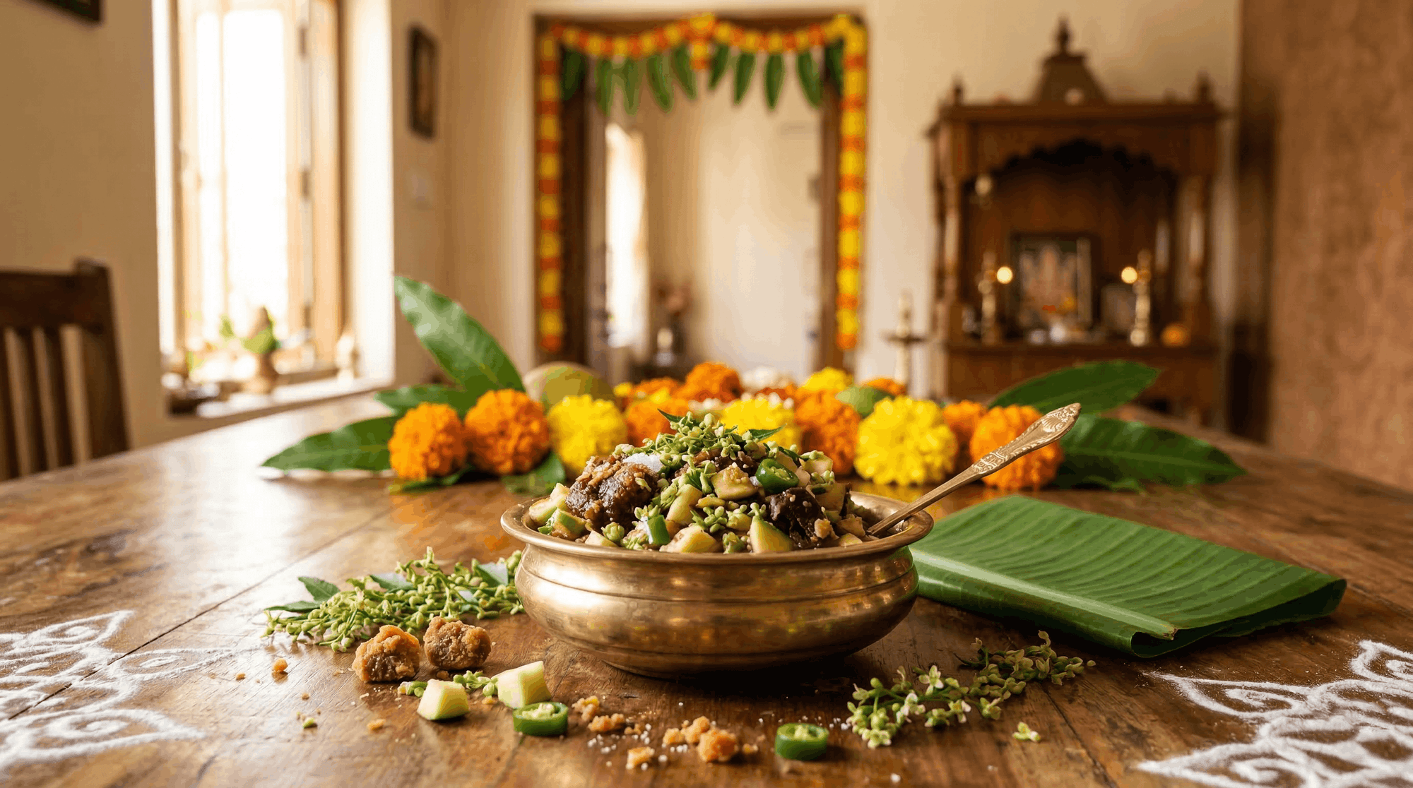 Ugadi Pachadi in brass bowl on rangoli-decorated table with marigolds, banana leaf and neem flowers, mango leaf torana and wooden mandir in traditional home
