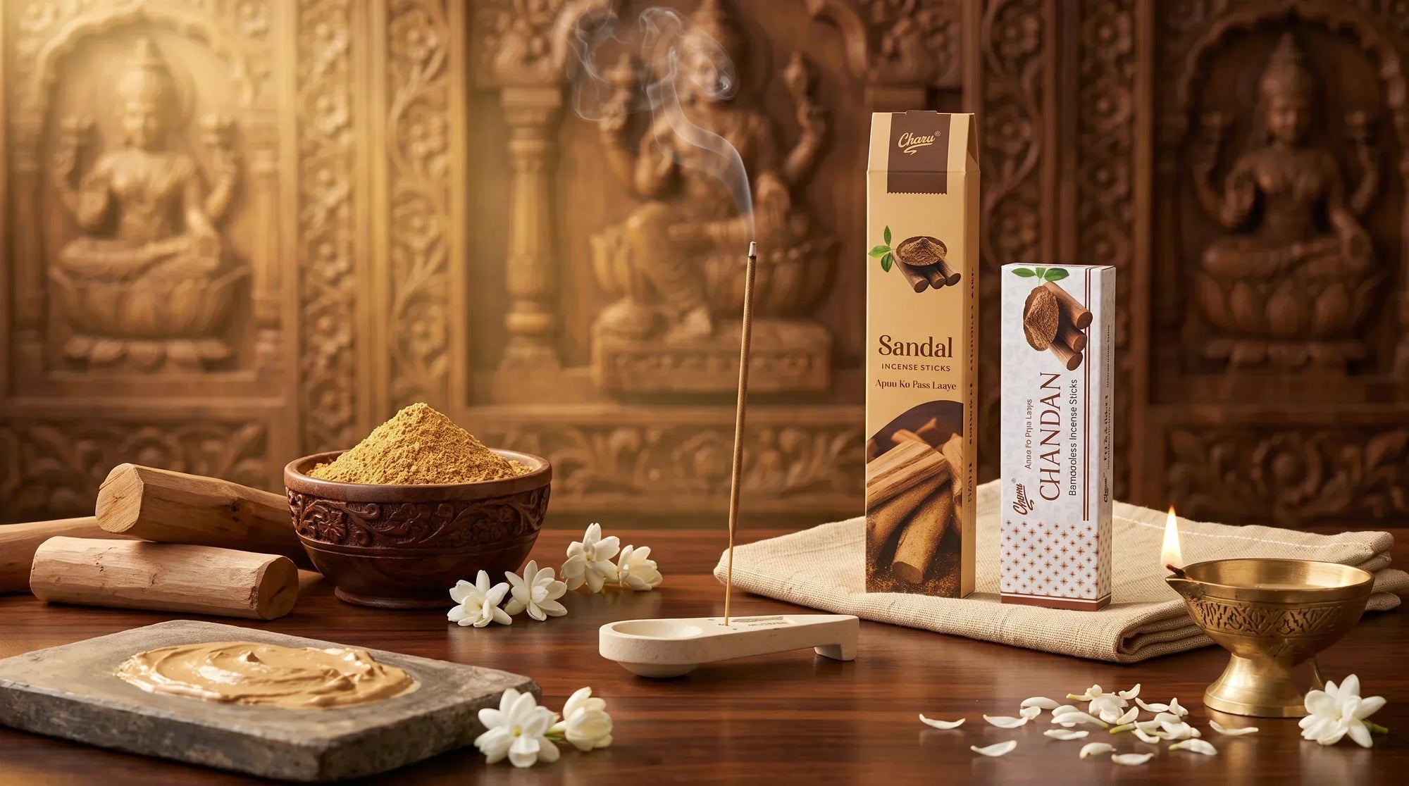 Charu Sandalwood Agarbatti and Chandan bamboo-less incense sticks with pure sandalwood powder, jasmine flowers, and burning incense in a traditional Hindu mandir for peaceful worship and meditation.