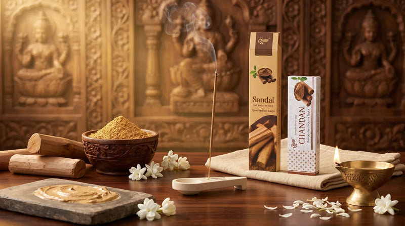Charu Sandalwood Agarbatti and Chandan bamboo-less incense sticks with pure sandalwood powder, jasmine flowers, and burning incense in a traditional Hindu mandir for peaceful worship and meditation.