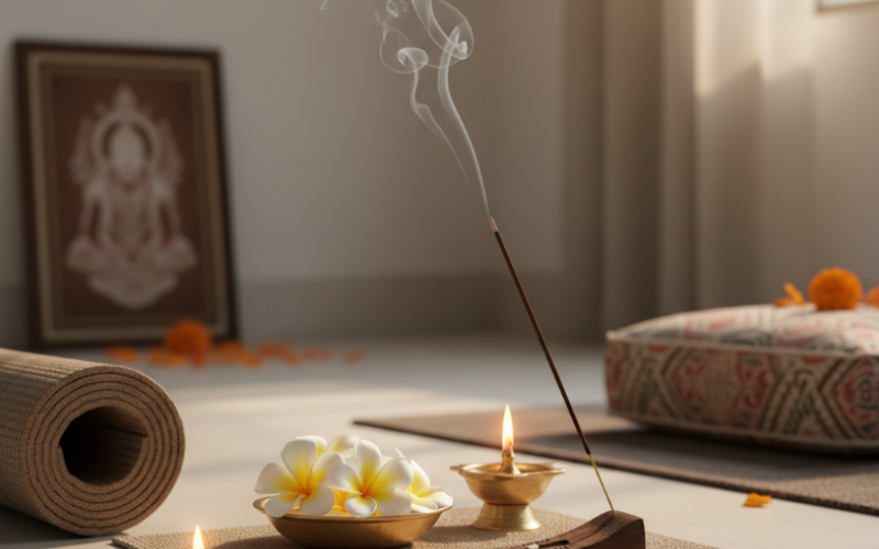 Bambooless incense burning with plumeria flowers and oil lamps on a yoga mat setup. 