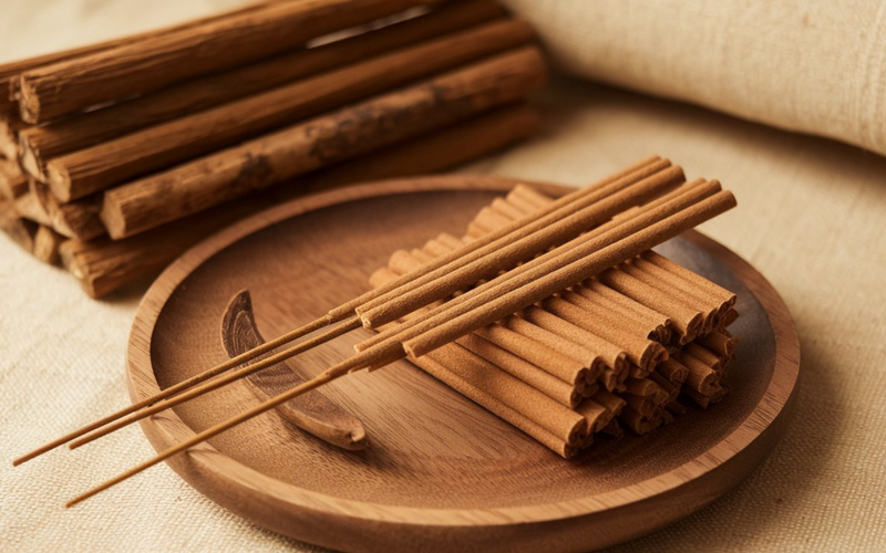 A close-up image of sandalwood-scented incense sticks on a wooden plate, with bundle of sandalwood on a beige fabric surface.