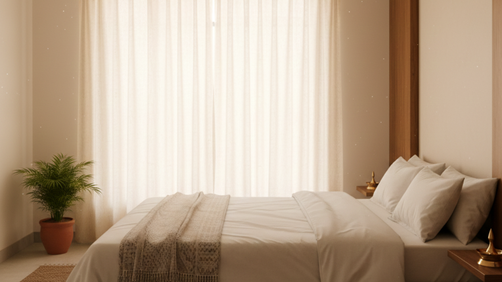 Calm minimalist bedroom interior with soft natural light and neutral décor.