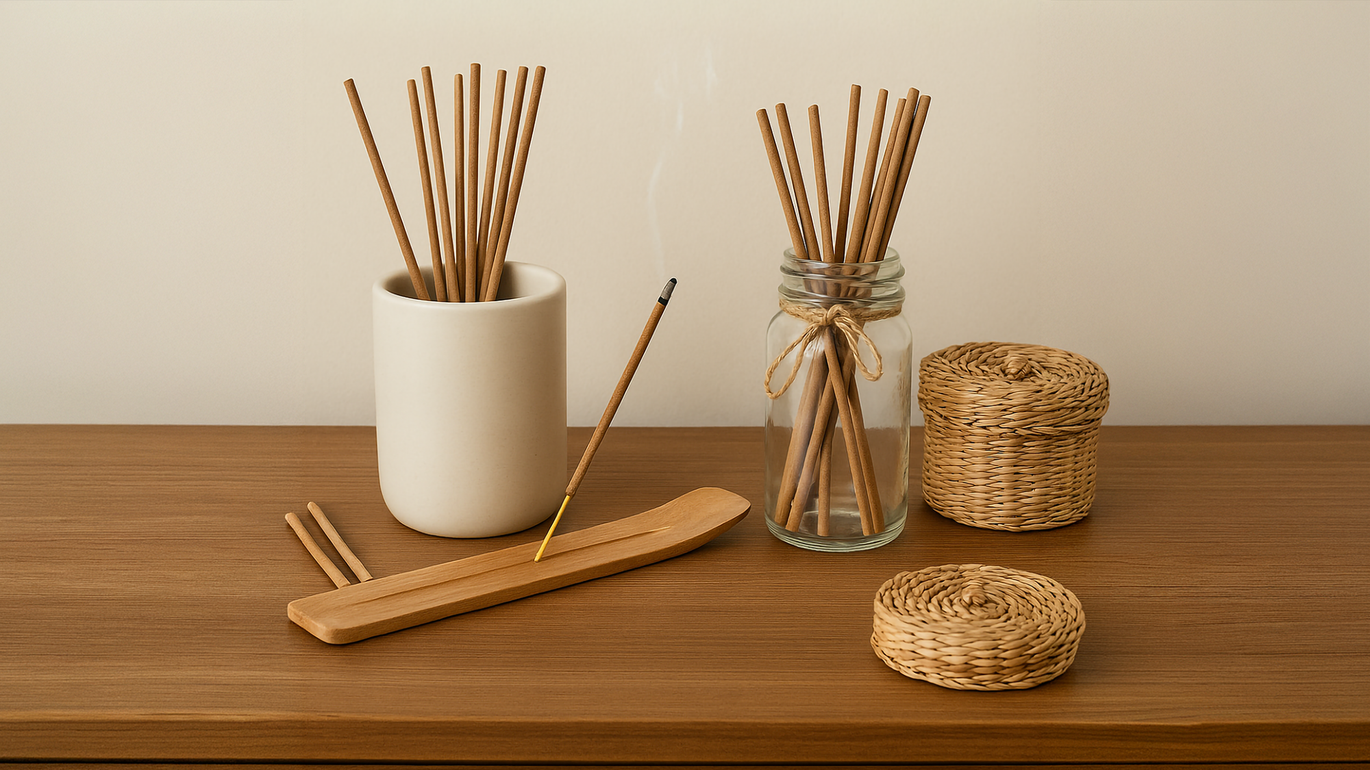 Charcoal-free natural incense sticks arranged in jars with one incense burning.