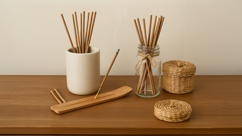 Charcoal-free natural incense sticks arranged in jars with one incense burning.