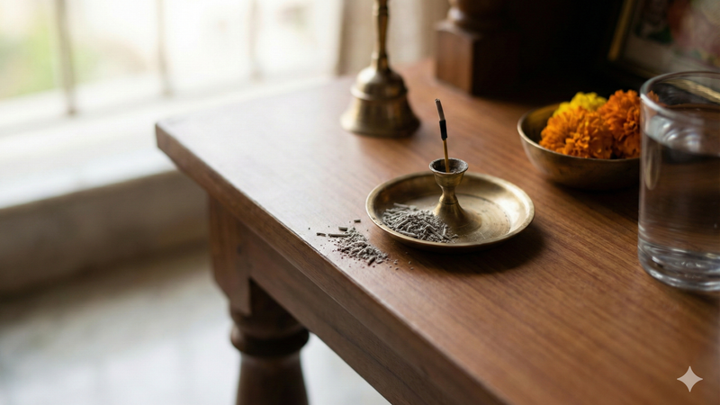 Burning incense stick in brass holder with scattered ash on a wooden prayer table.