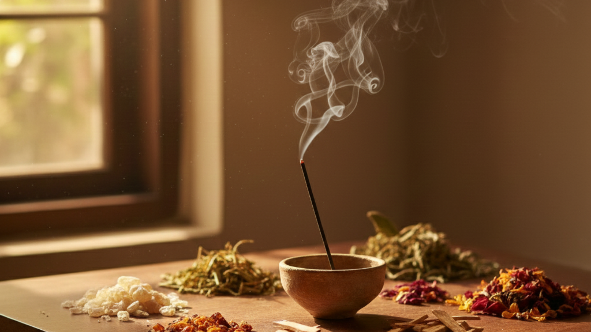 Burning incense stick surrounded by dried herbs and natural resin ingredients.