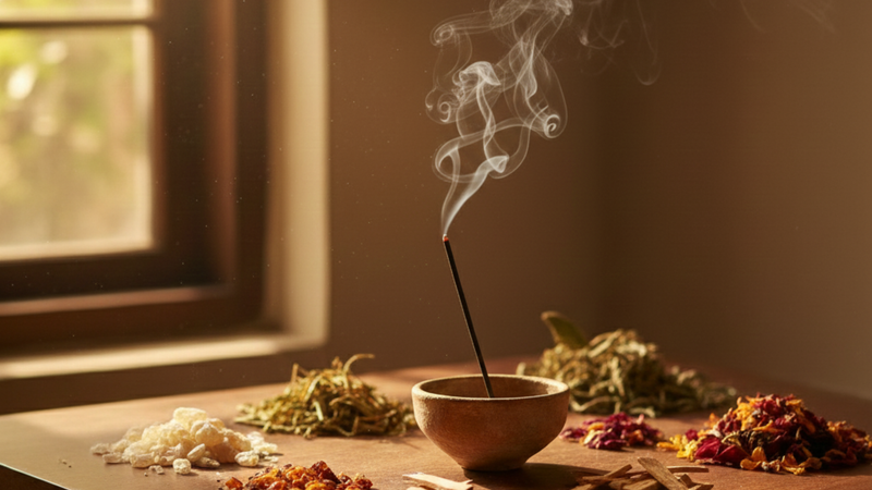 Burning incense stick surrounded by dried herbs and natural resin ingredients.