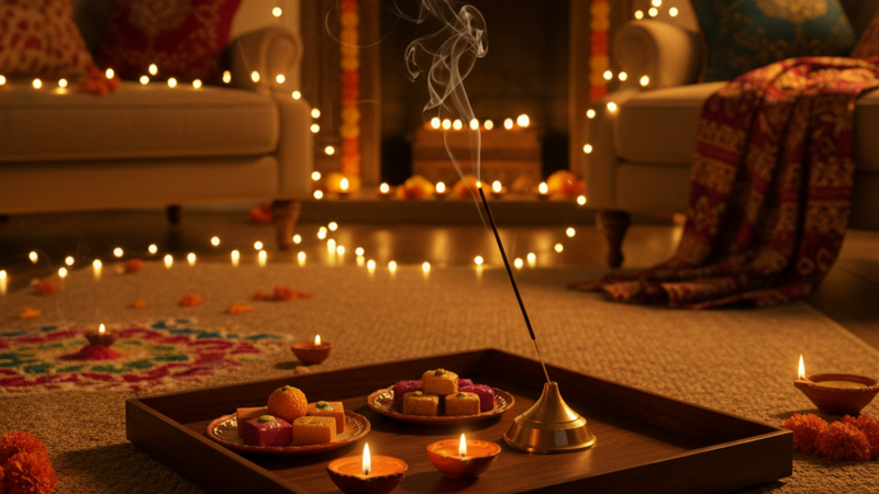 A cozy living room decorated with lights and incense burning for Diwali