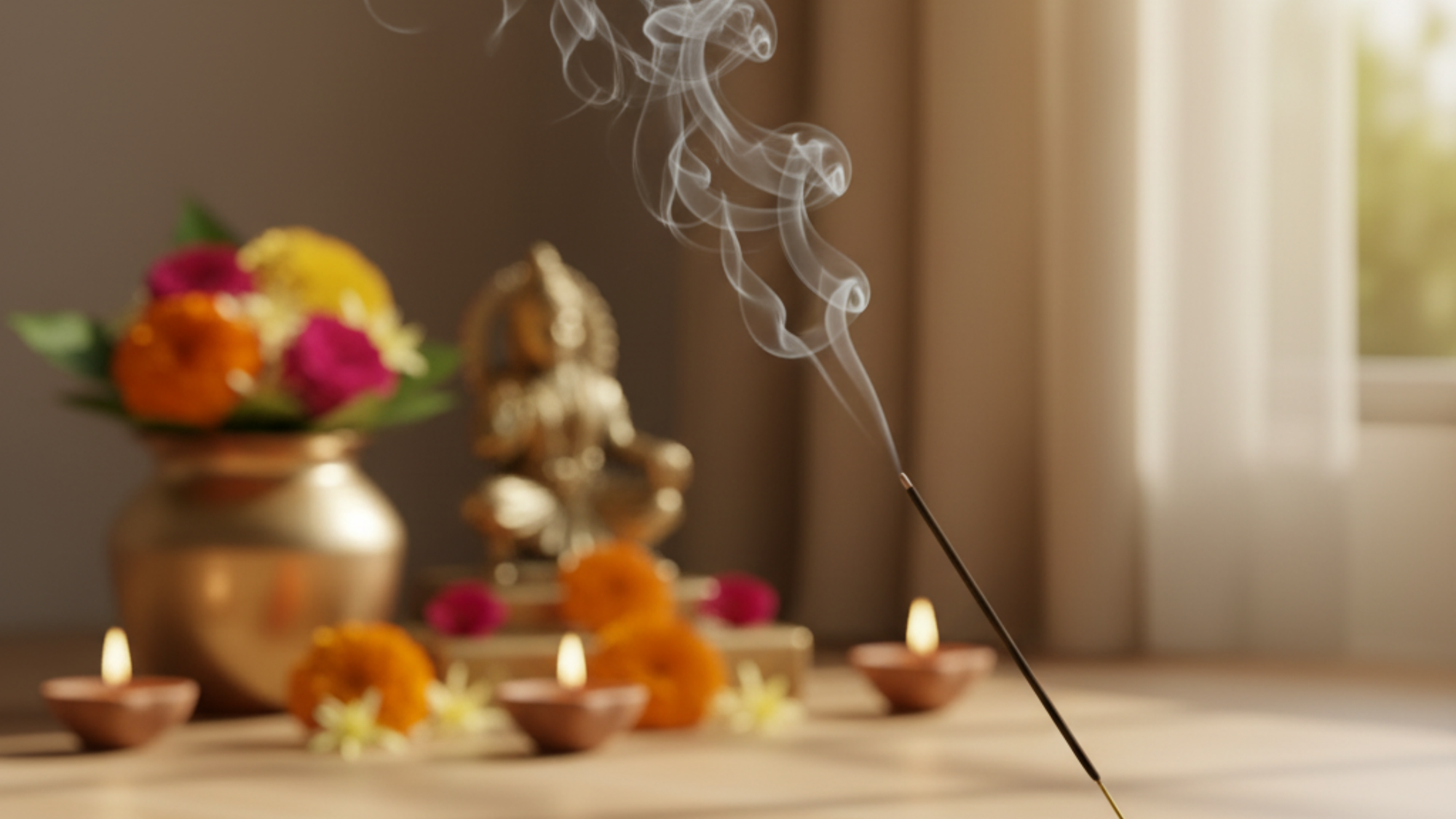 Single incense stick burning in a terracotta holder during a Hindu puja ritual.