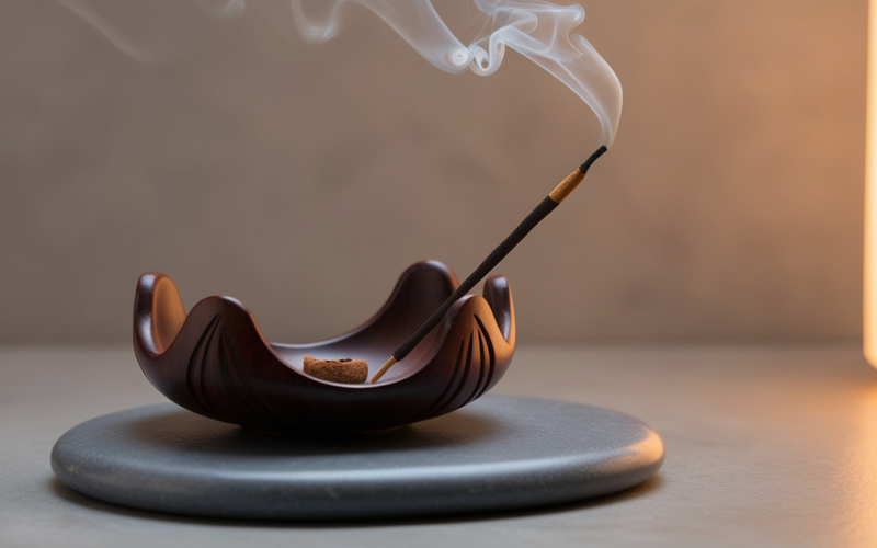 A close-up image of burning incense stick placed in a wooden holder.